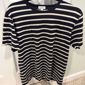 Sunspel Classic Navy Blue White Stripe Short Sleeve T-Shirt